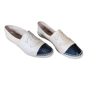 Chanel CC Cap Toe Lamb Leather Espadrille Flat Shoes Size 42
